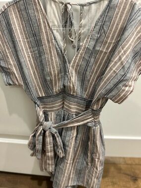 Striped V-Neck Tie Waist Romper Blue White